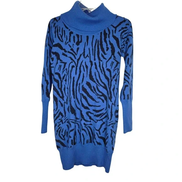 Red Animal Print Knit Turtleneck Sweater Dress Blue Black Casual Cozy - Picture 6 of 10